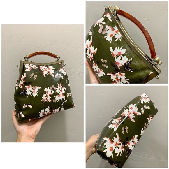 Handmade Genuine Leather Floral Print, Vintage Style Double Kisslock Handbag Set - Picture 12 of 16